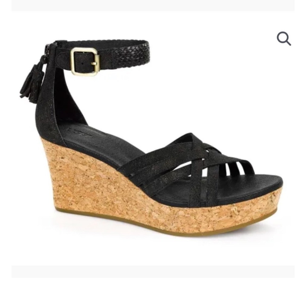 UGG Lillie Wedge Sandals Womens 7.5 Black Cork Heel Good‎ Tassel Strappy Shimmer